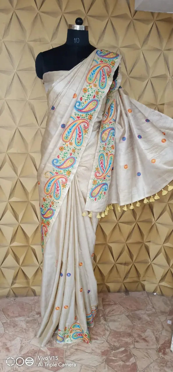 Tussar silk embroidery saree silkzon.in