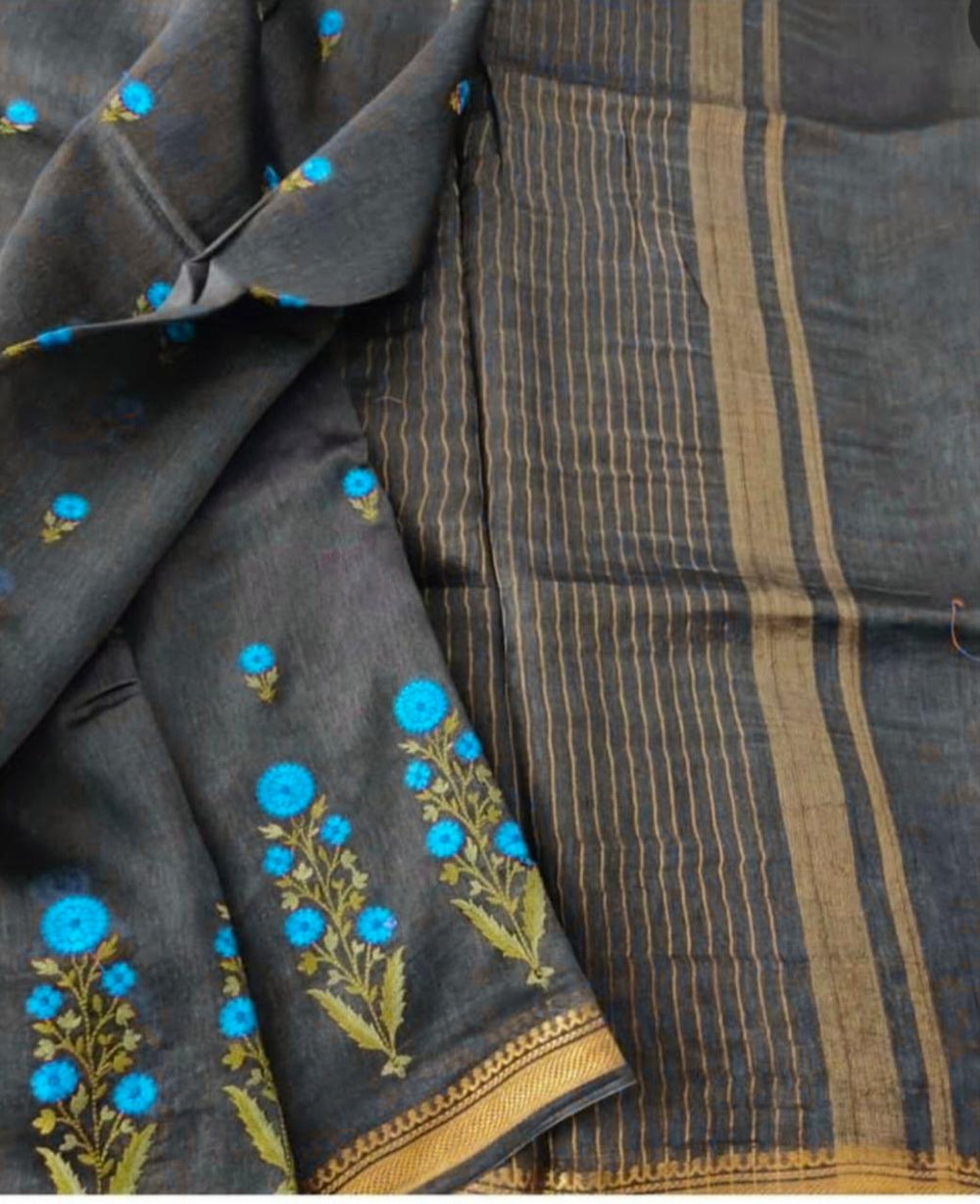 Silk Linen Embroidery Saree M J HANDLOOMS