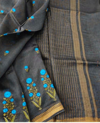 Silk Linen Embroidery Saree M J HANDLOOMS