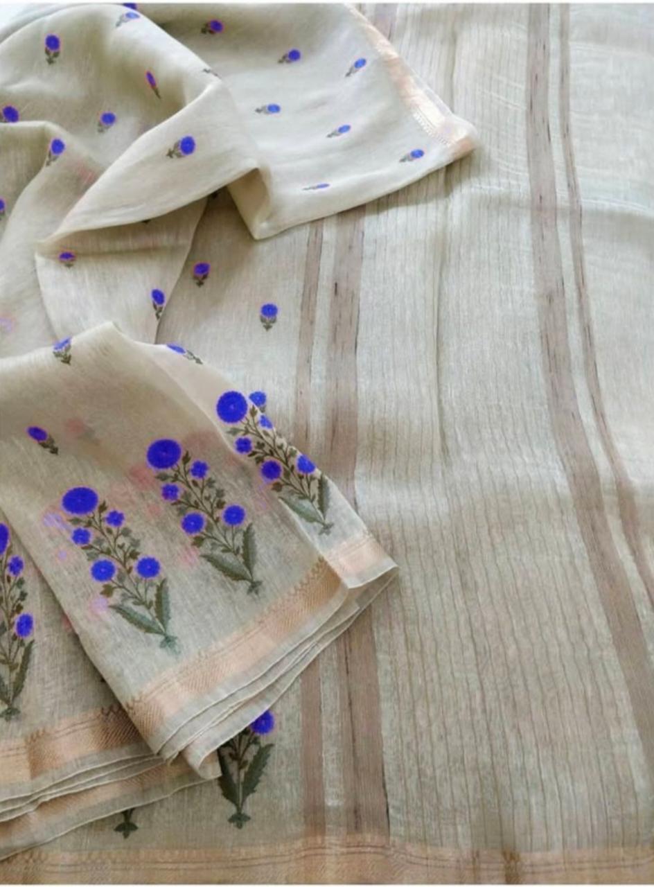 Silk Linen Embroidery Saree M J HANDLOOM