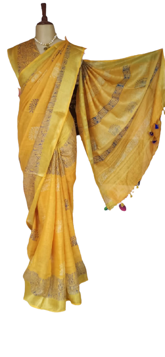 Linen Hand Block Printed Saree SILK ZONE