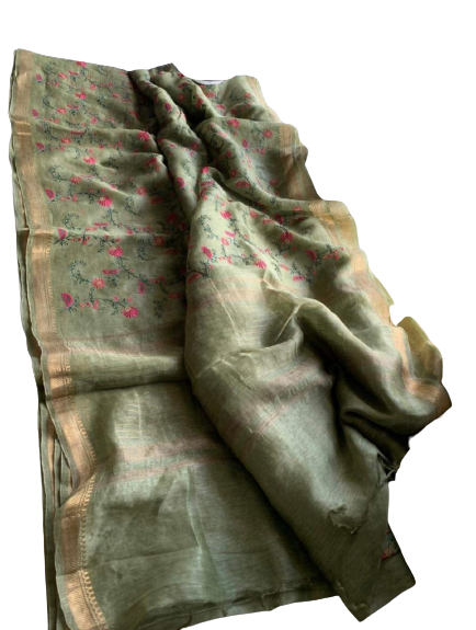 Silk Linen Embroidery Saree M J HANDLOOMS