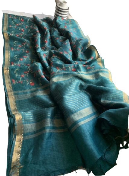 Silk Linen Embroidery Saree M J HANDLOOM