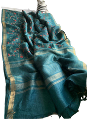 Silk Linen Embroidery Saree M J HANDLOOM