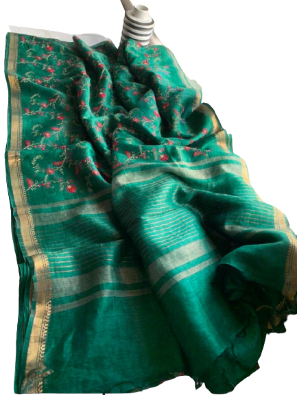 Silk Linen Embroidery Saree M J HANDLOOM