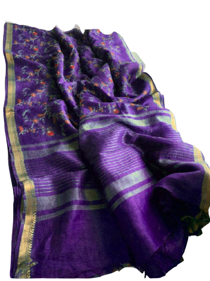 Silk Linen Embroidery Saree M J HANDLOOMS