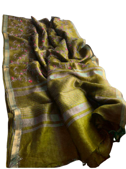 Silk Linen Embroidery Saree M J HANDLOOM