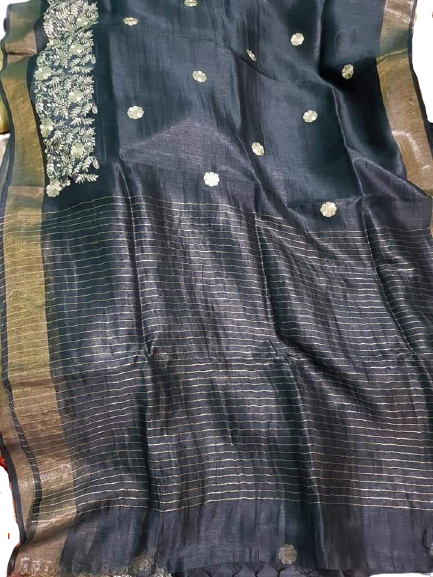 Silk Linen Embroidery Saree M J HANDLOOMS