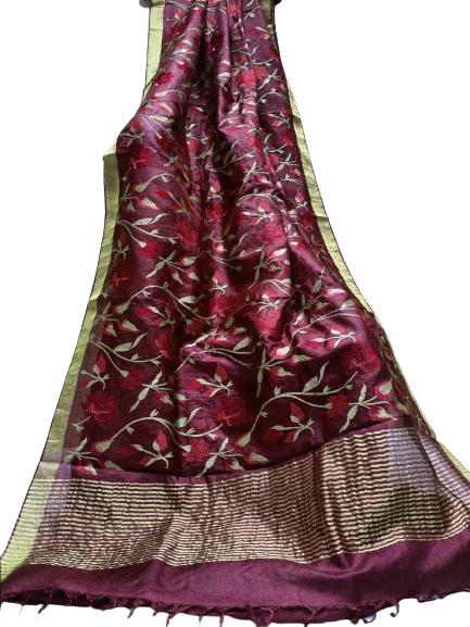 Silk Linen Embroidery Saree M J HANDLOOMS