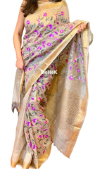 Silk Linen Embroidery Saree M J HANDLOOMS