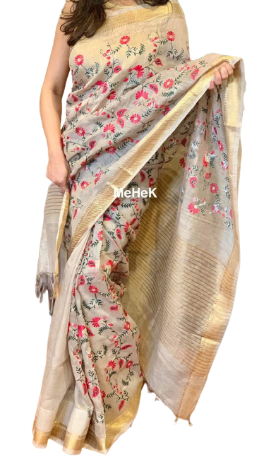 Silk Linen Embroidery Saree M J HANDLOOMS
