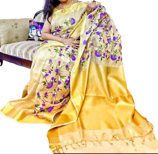 Silk Linen Embroidery Saree M J HANDLOOMS