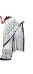 Pure Linen Embroidery Saree M J HANDLOOM