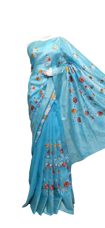 Silk linen Embroidery saree M J HANDLOOMS