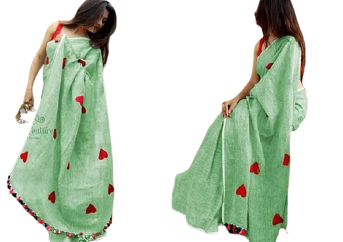 Linen embroidery heart design saree SILK ZONE