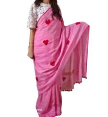 Linen embroidery heart design saree SILK ZONE