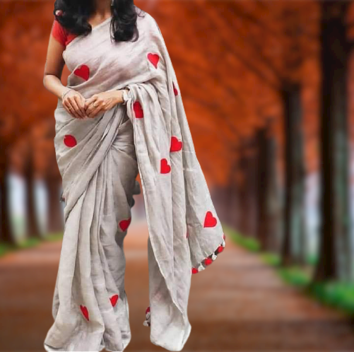 Linen embroidery heart design saree SILK ZONE