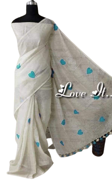 Linen embroidery heart design saree SILK ZONE