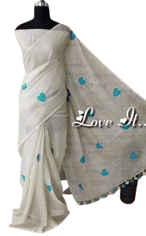 Linen embroidery heart design saree SILK ZONE