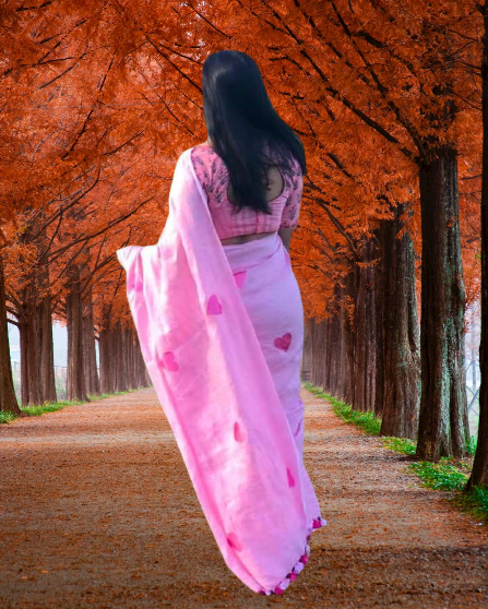 Linen embroidery heart design saree SILK ZONE