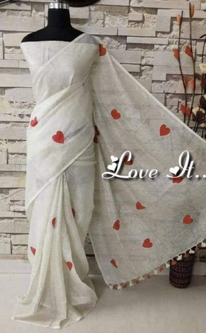 Linen embroidery heart design saree SILK ZONE