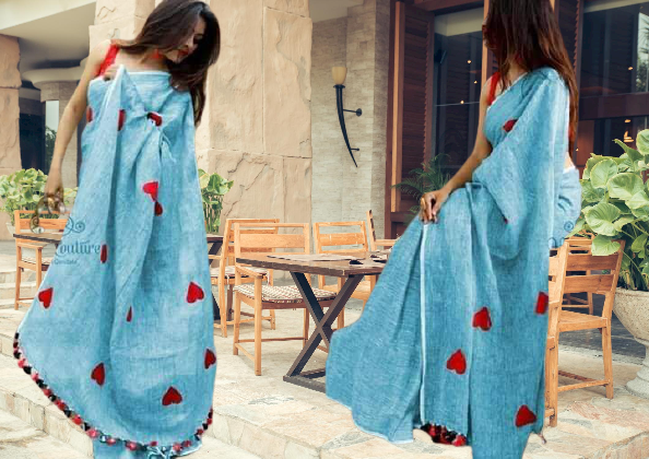 Linen embroidery heart design saree SILK ZONE