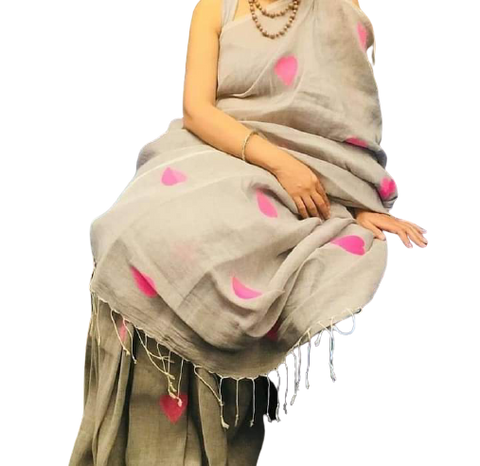 Linen embroidery heart design saree SILK ZONE