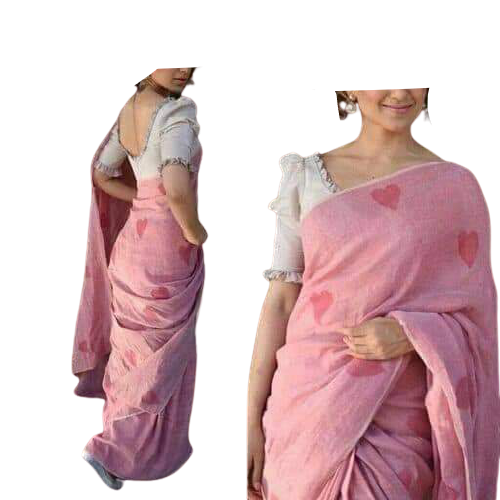 Linen embroidery heart design saree SILK ZONE