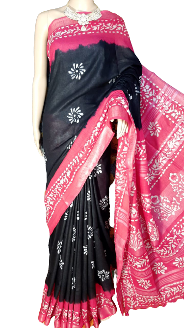 Khadi linen batik print saree MJ Handlooms