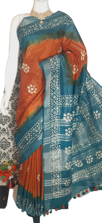 Khadi linen batik print saree MJ Handlooms