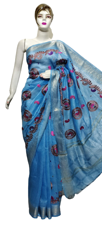 Organza linen embroidery saree SILK ZONE