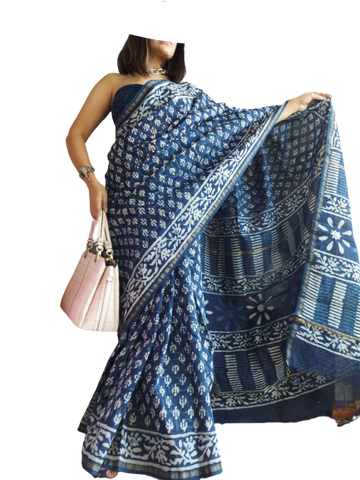 Chanderi Cotton Hand Block Bagro Print Saree SILK ZONE