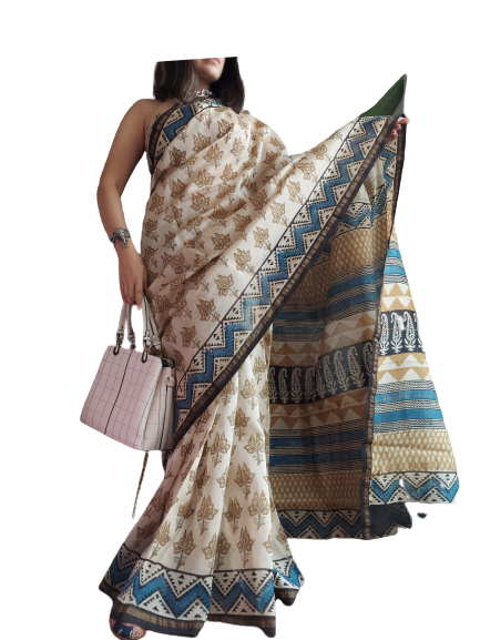 Chanderi Cotton Hand Block Bagro Print Saree SILK ZONE