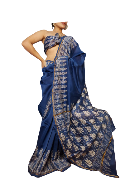 Chanderi Cotton Hand Block Bagro Print Saree SILK ZONE