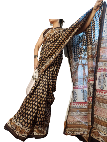 Chanderi Cotton Hand Block Bagro Print Saree SILK ZONE