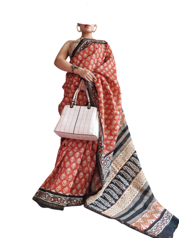 Chanderi Cotton Hand Block Print Saree SILK ZONE