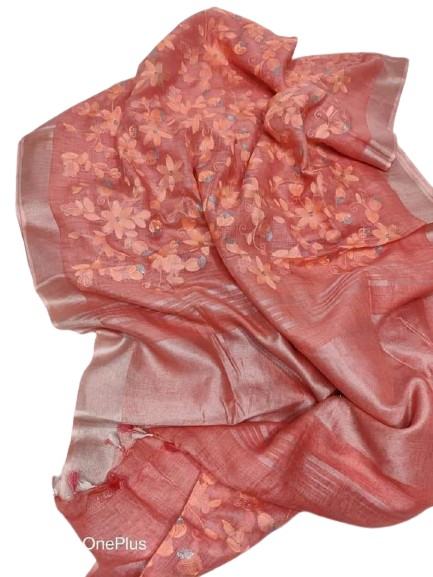 Pure silk linen embroidery saree SILK ZONE