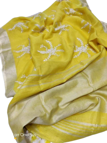 Pure silk linen embroidery saree SILK ZONE