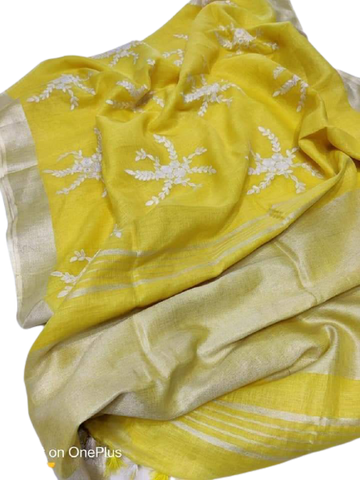 Pure silk linen embroidery saree SILK ZONE