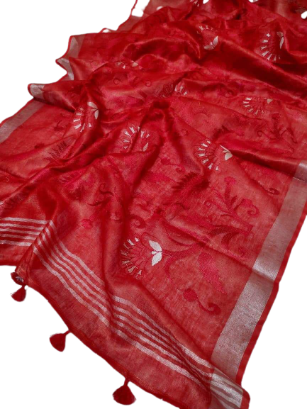 Pure silk linen embroidery saree SILK ZONE