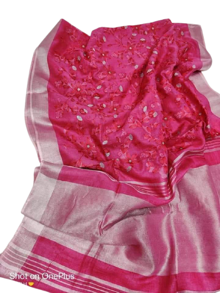 Pure silk linen embroidery saree Pure linen embroidery saree