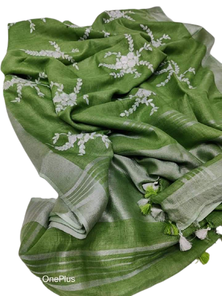 Pure silk linen embroidery saree SILK ZONE