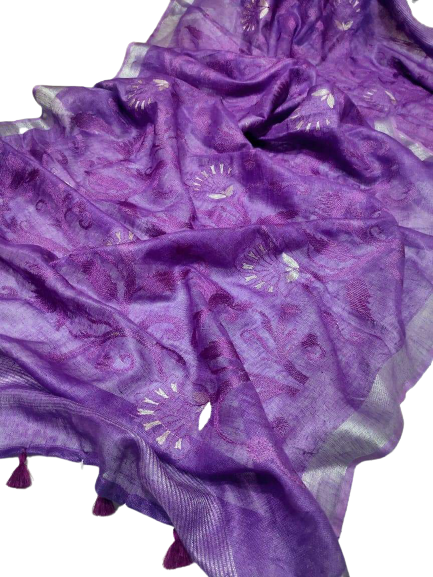 Pure silk linen embroidery saree SILK ZONE