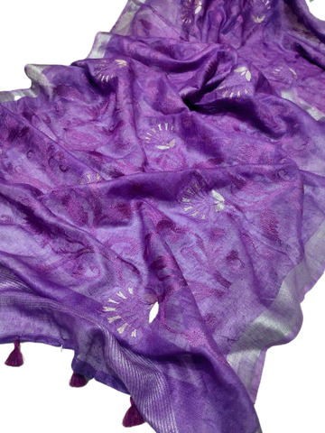 Pure silk linen embroidery saree SILK ZONE