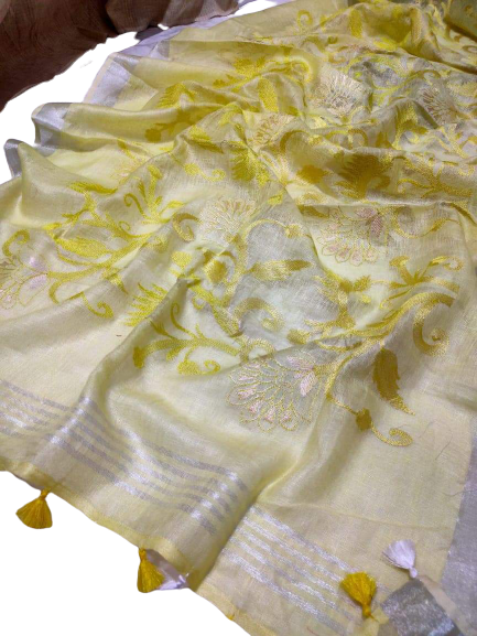 Pure silk linen embroidery saree SILK ZONE