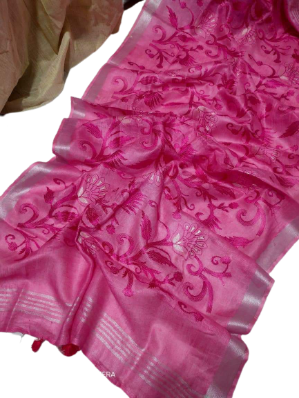 Pure silk linen embroidery saree SILK ZONE