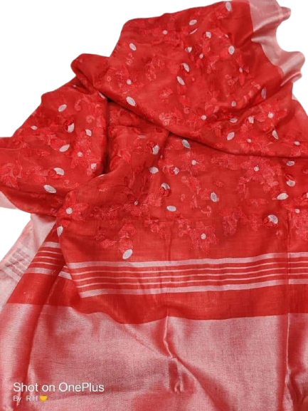 Pure silk linen embroidery saree SILK ZONE