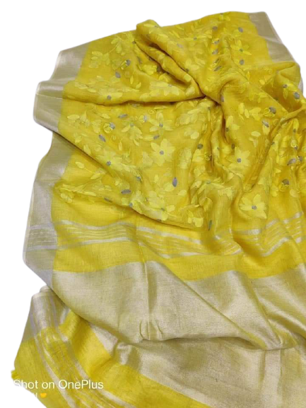 Pure silk linen embroidery saree SILK ZONE