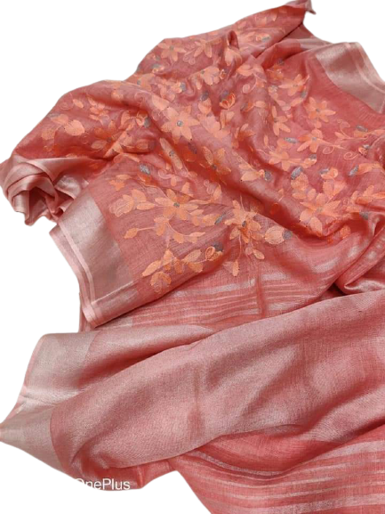 Pure silk linen embroidery saree SILK ZONE