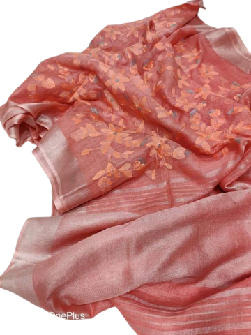 Pure silk linen embroidery saree SILK ZONE